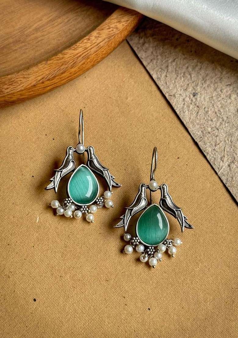 Silver Plated Stones Studded And Beaded Animal Shaped Oxidised Drop Earrings - Indya