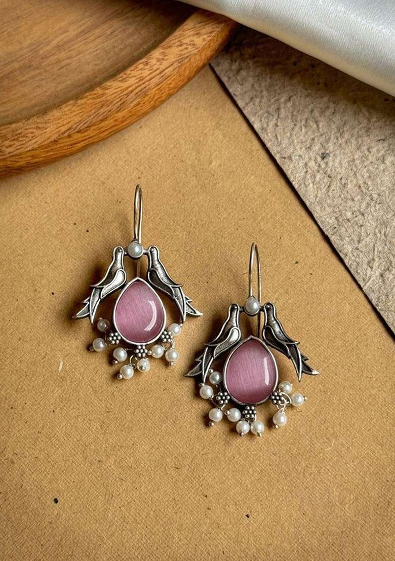 Silver Plated Stones Studded And Beaded Animal Shaped Oxidised Drop Earrings - Indya