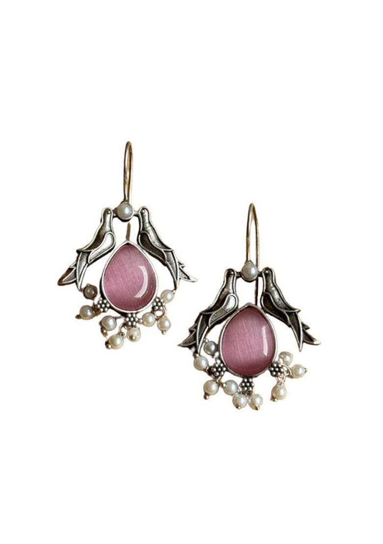 Silver Plated Stones Studded And Beaded Animal Shaped Oxidised Drop Earrings