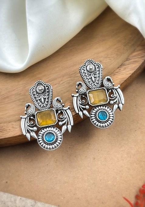 Silver Plated Artificial Stones Studded And Beaded Oxidised Drop Earrings