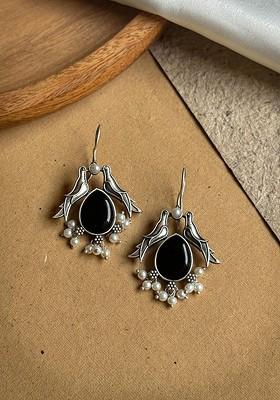 Silver Plated Stones Studded And Beaded Animal Shaped Oxidised Drop Earrings