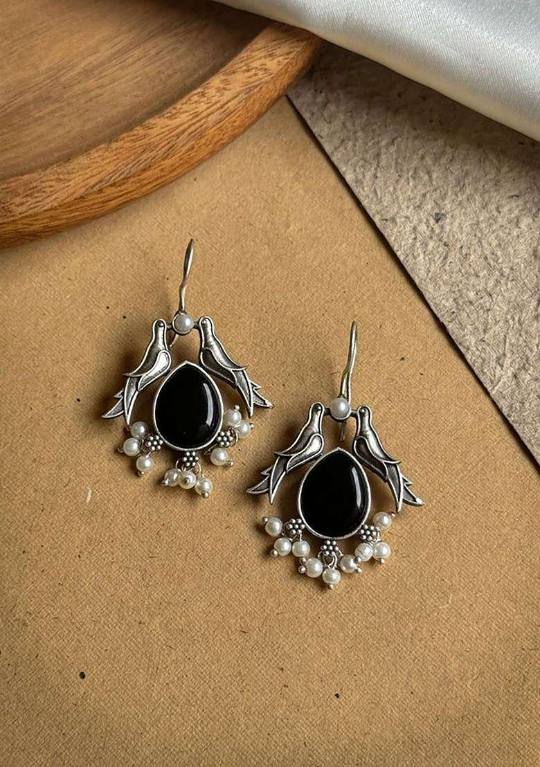 Silver Plated Stones Studded And Beaded Animal Shaped Oxidised Drop Earrings - Indya