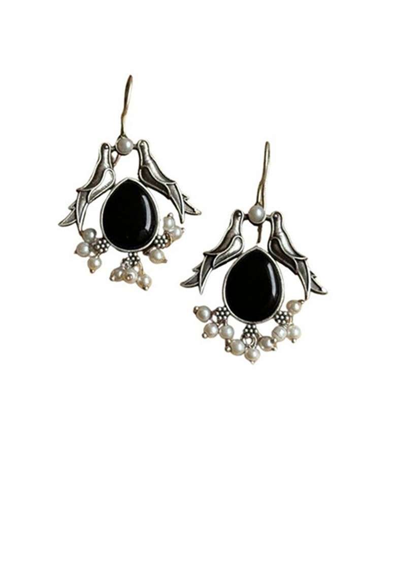 Silver Plated Stones Studded And Beaded Animal Shaped Oxidised Drop Earrings - Indya