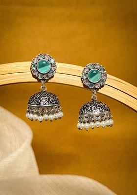 Silver Plated Artificial Stones Studded And Beaded Dome Shaped Oxidised Jhumkas