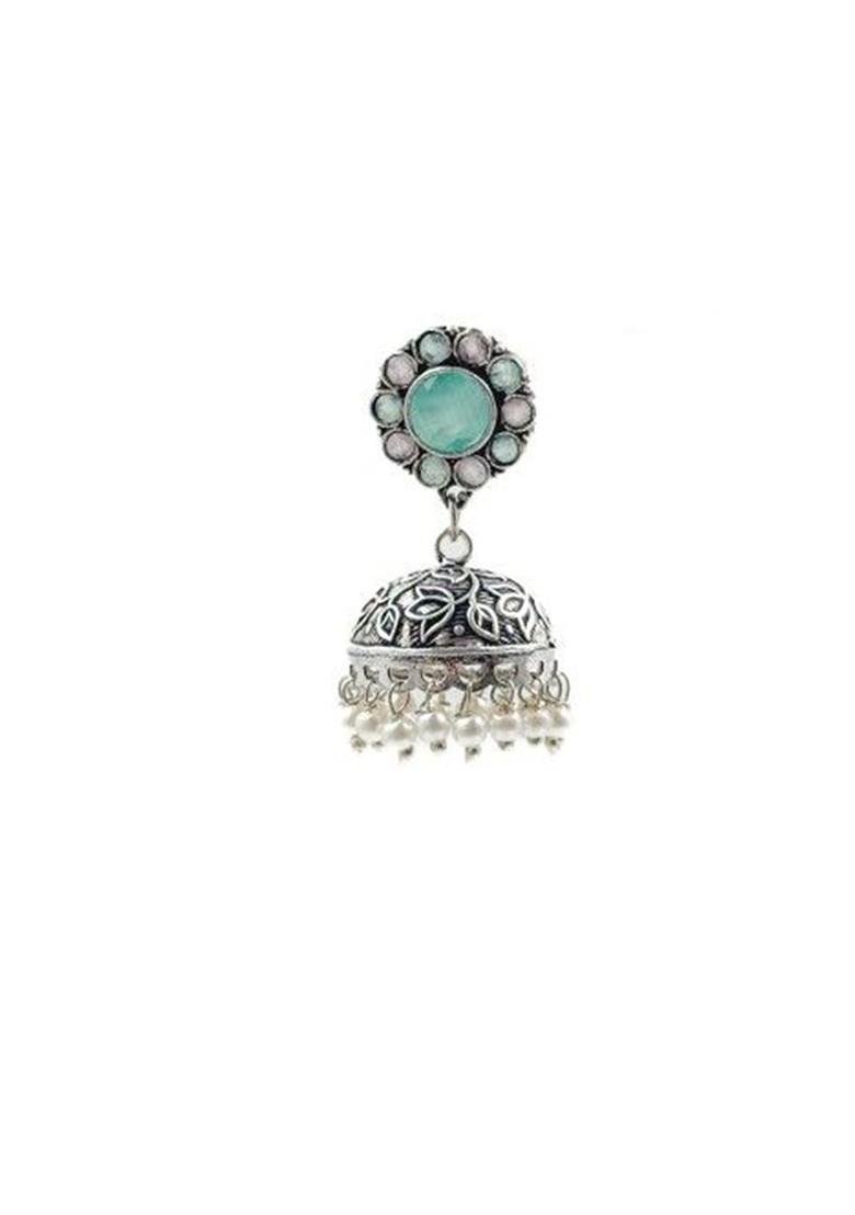 Silver Plated Artificial Stones Studded And Beaded Dome Shaped Oxidised Jhumkas