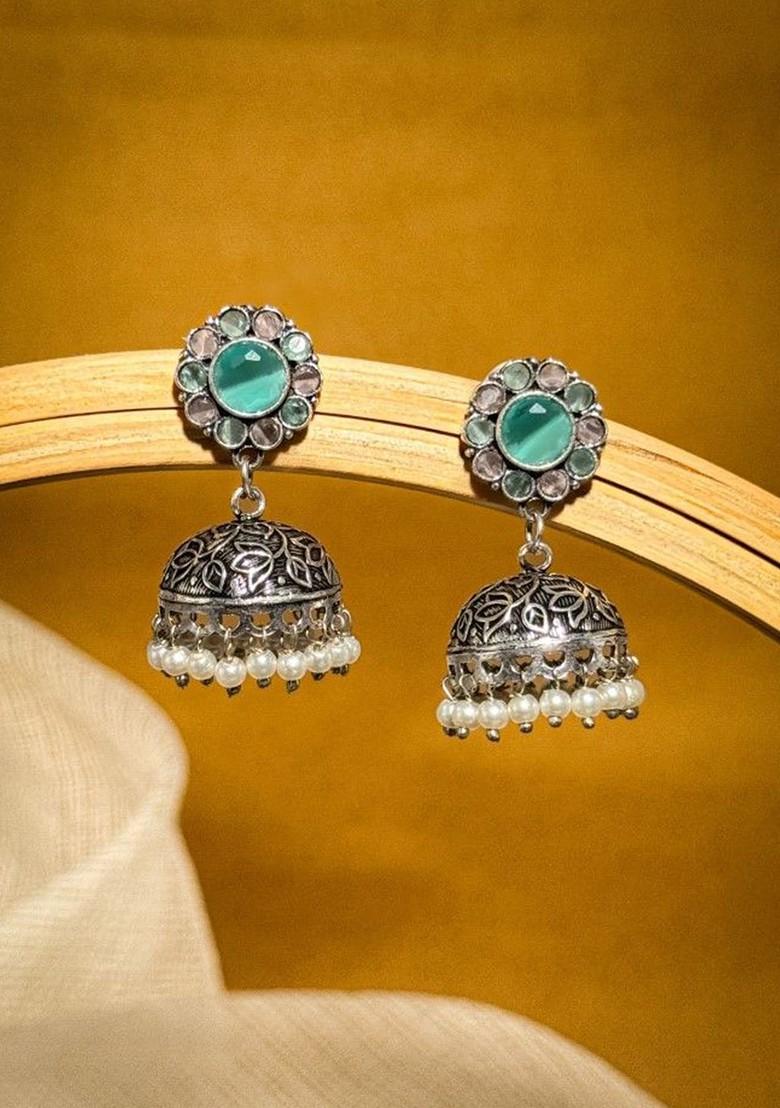 Silver Plated Artificial Stones Studded And Beaded Dome Shaped Oxidised Jhumkas