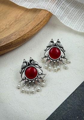 Gold Plated Stones Studded And Beaded Animal Shaped Oxidised Drop Earrings