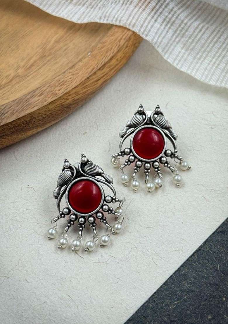 Gold Plated Stones Studded And Beaded Animal Shaped Oxidised Drop Earrings - Indya