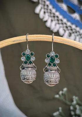 Silver Plated Oxidised Artificial Stones Studded Contemporary Drop Earrings