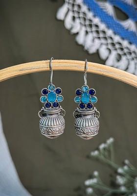 Silver Plated Oxidised Artificial Stones Studded Contemporary Drop Earrings