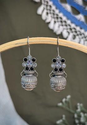 Silver Plated Oxidised Artificial Stones Studded Contemporary Drop Earrings