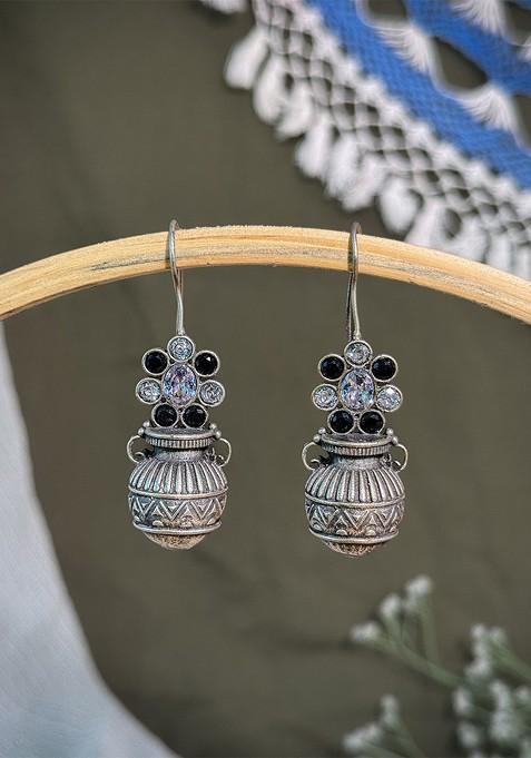 Silver Plated Oxidised Artificial Stones Studded Contemporary Drop Earrings