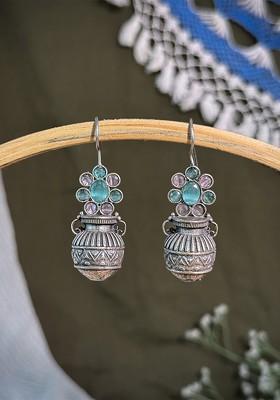 Silver Plated Oxidised Artificial Stones Studded Contemporary Drop Earrings
