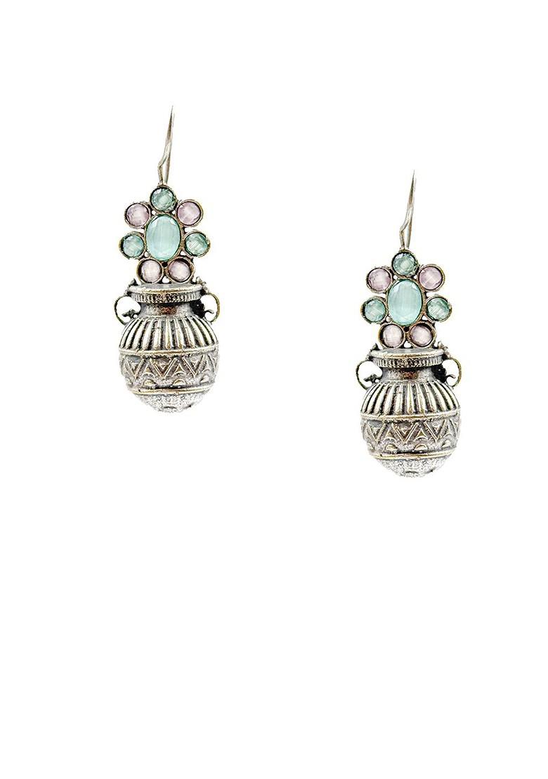 Silver Plated Oxidised Artificial Stones Studded Contemporary Drop Earrings