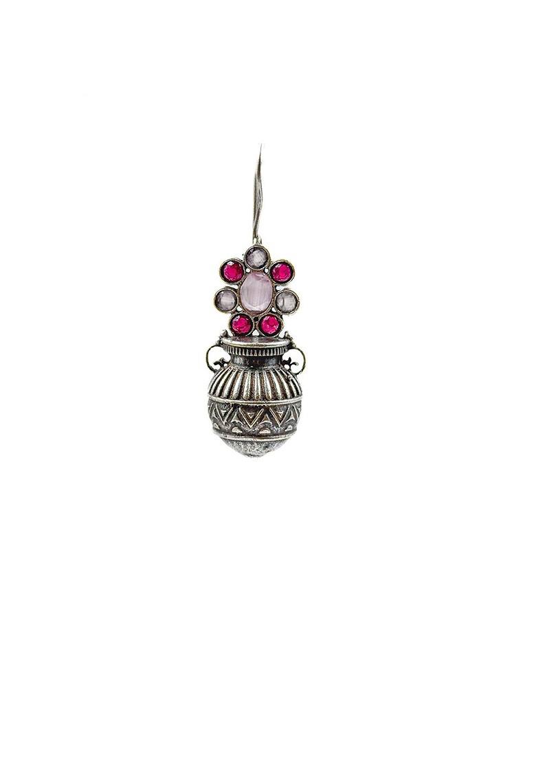 Silver Plated Oxidised Artificial Stones Studded Contemporary Drop Earrings