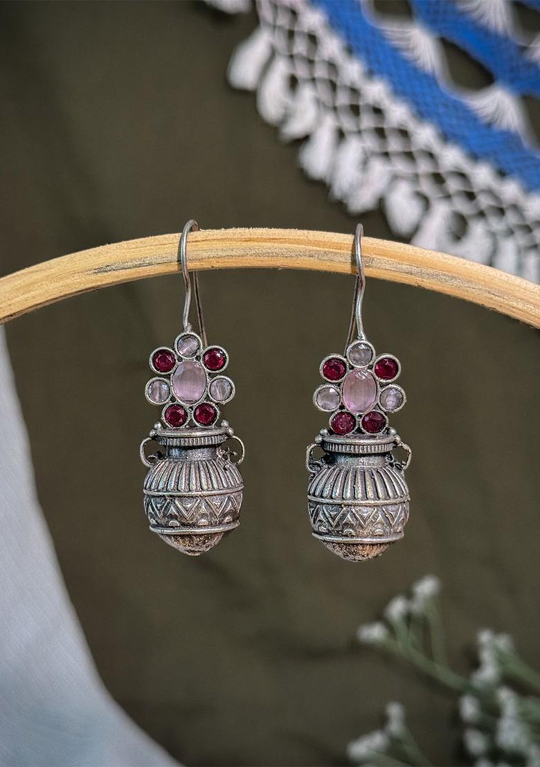 Silver Plated Oxidised Artificial Stones Studded Contemporary Drop Earrings