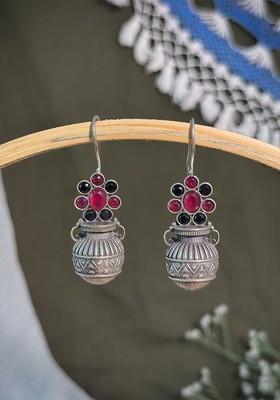 Silver Plated Artificial Stoned Studded Contemporary Oxidised Drop Earrings