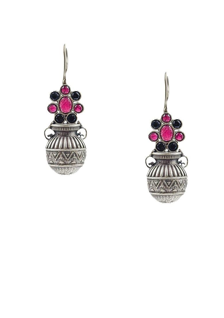 Silver Plated Artificial Stoned Studded Contemporary Oxidised Drop Earrings