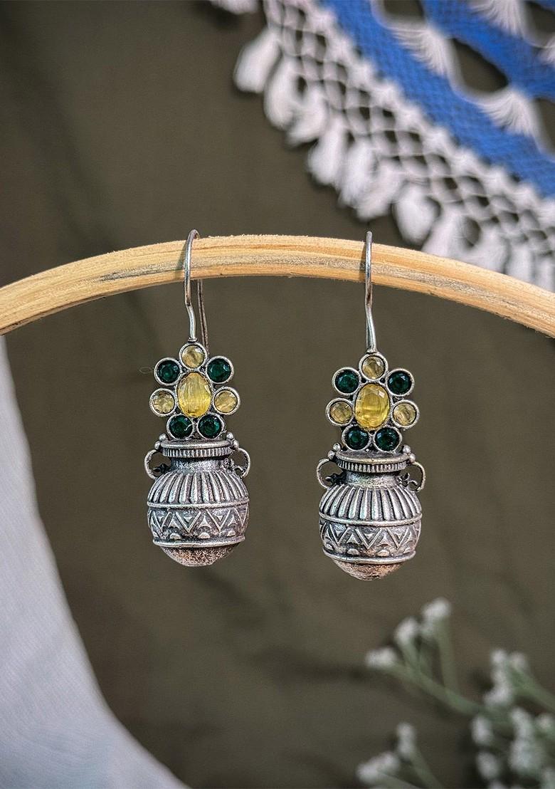 Silver Plated Artificial Beaded Contemporary Oxidised Drop Earrings