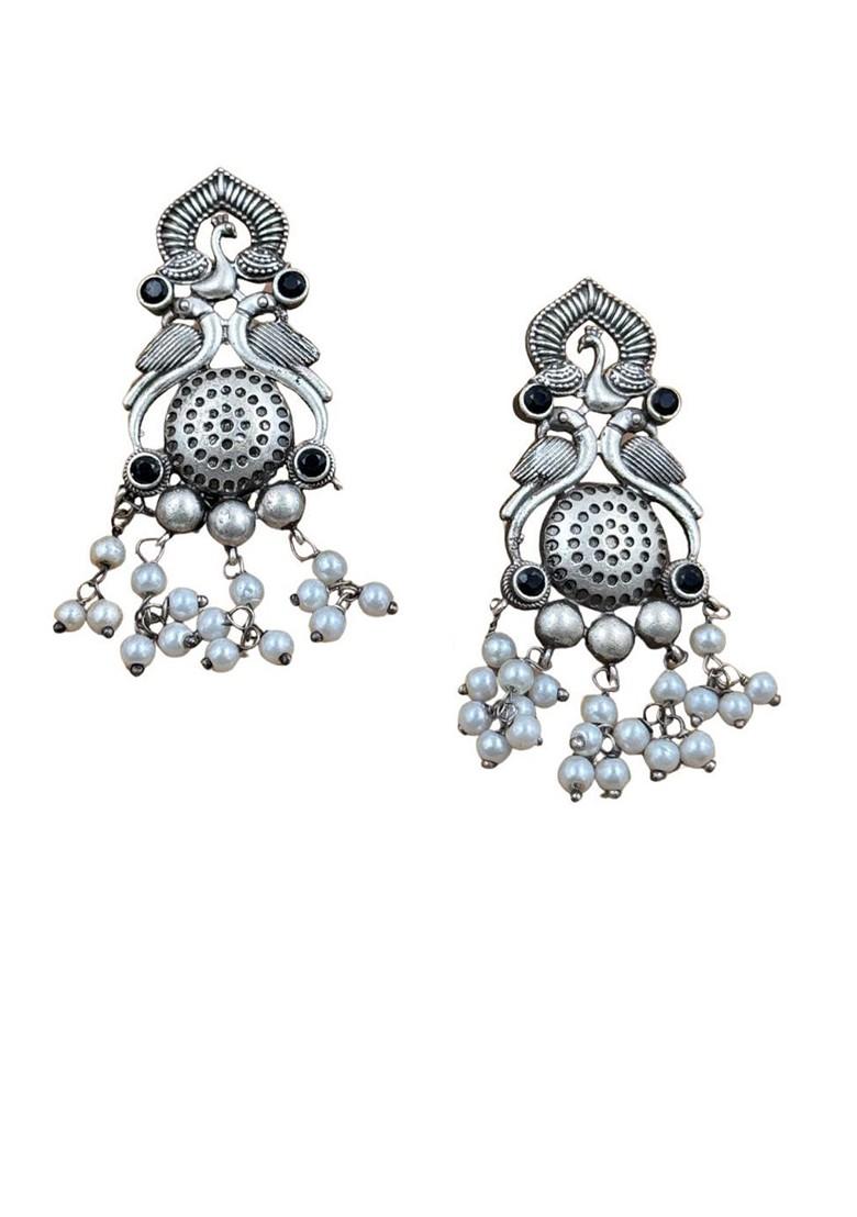 Silver Plated Artificial Stones And Beads Oxidised Contemporary Drop Earrings