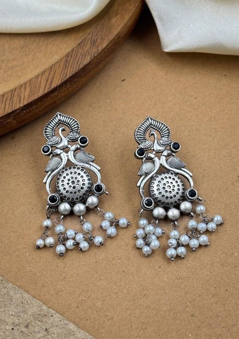 Silver Plated Artificial Stones And Beads Oxidised Contemporary Drop Earrings