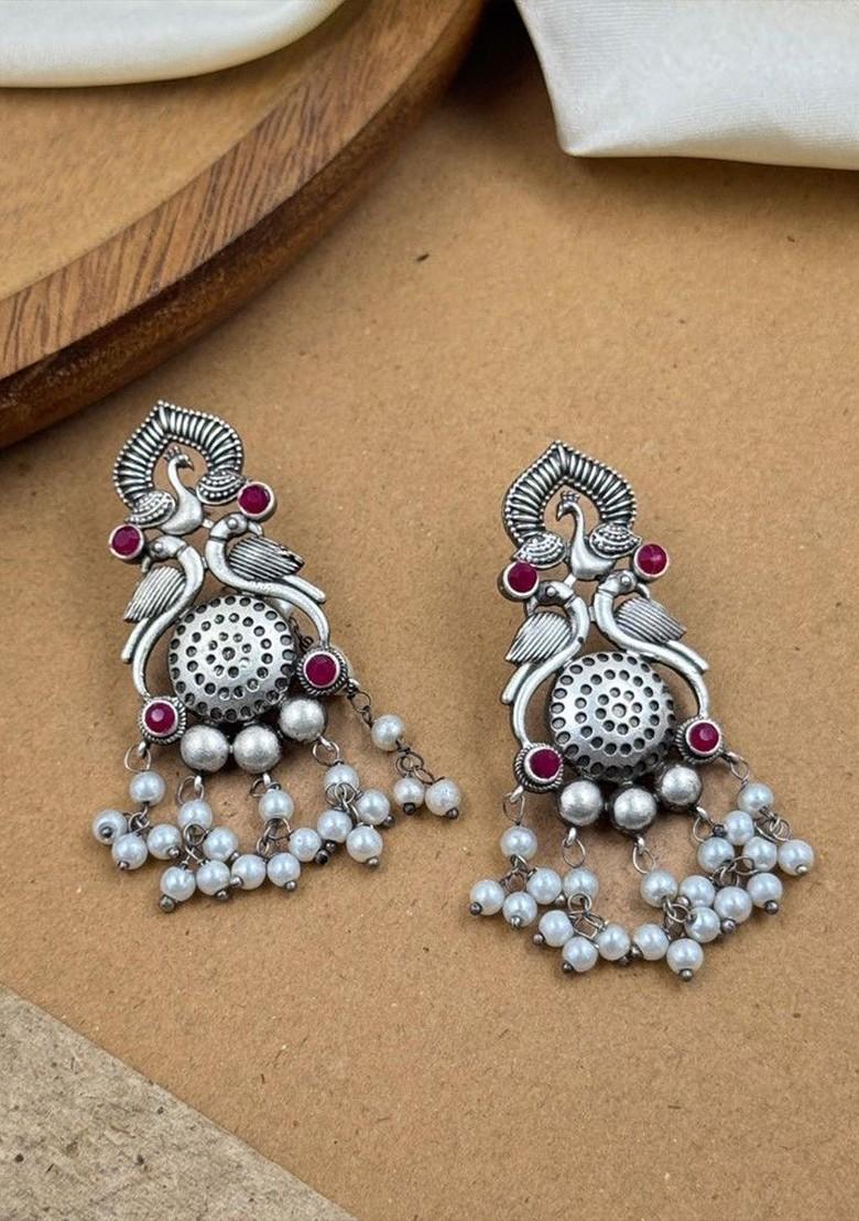 Silver Plated Artificial Stones And Beads Oxidised Contemporary Drop Earrings