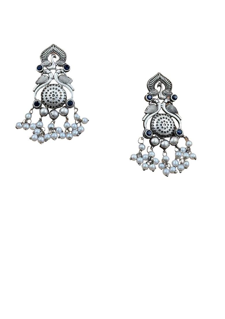 Silver Plated Artificial Stones And Beaded Oxidised Contemporary Drop Earrings