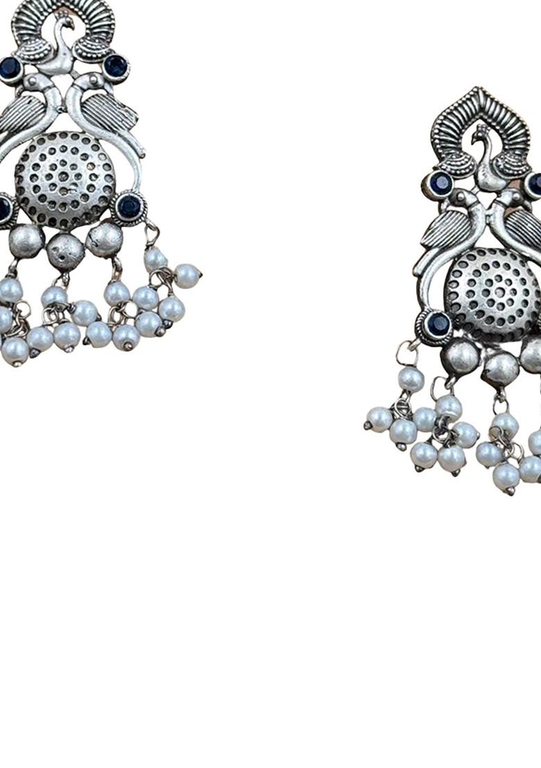 Silver Plated Artificial Stones And Beaded Oxidised Contemporary Drop Earrings