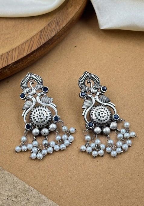Silver Plated Artificial Stones And Beaded Oxidised Contemporary Drop Earrings