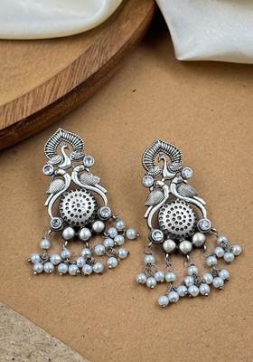 Silver Plated Artificial Stones And Beads Oxidised Contemporary Drop Earrings