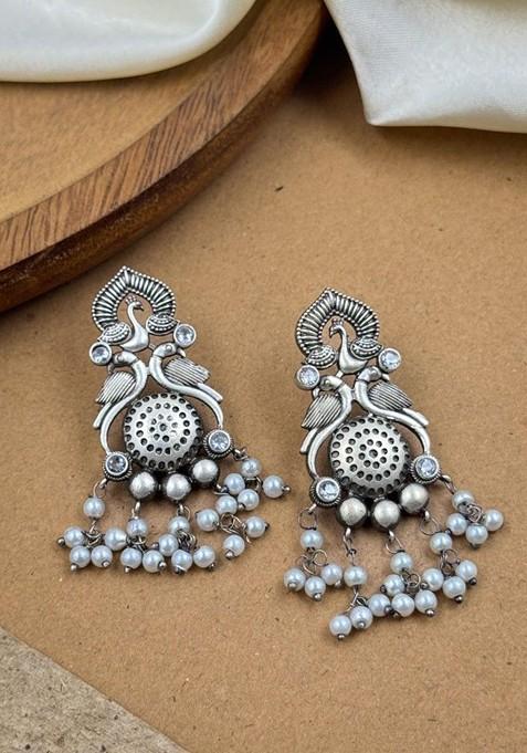 Silver Plated Artificial Stones And Beads Oxidised Contemporary Drop Earrings