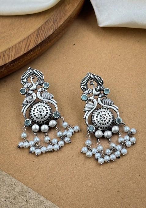 Silver Plated Artificial Stones And Beads Oxidised Contemporary Drop Earrings