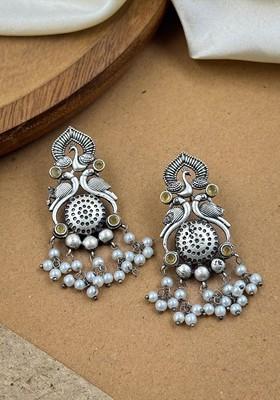 Silver Plated Artificial Stone And Beaded Contemporary Oxidised Drop Earrings