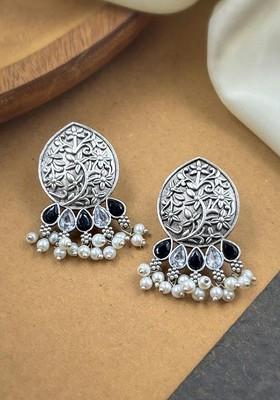 Silver Plated Stones Studded And Beaded Teardrop Shaped Oxidised Drop Earrings