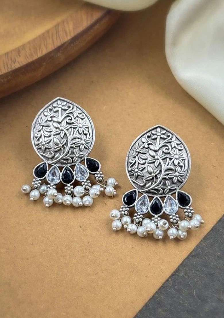 Silver Plated Stones Studded And Beaded Teardrop Shaped Oxidised Drop Earrings - Indya