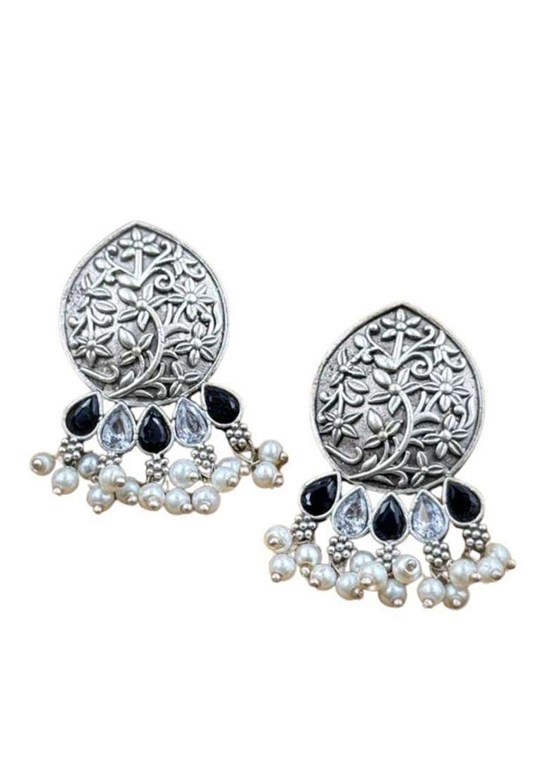 Silver Plated Stones Studded And Beaded Teardrop Shaped Oxidised Drop Earrings - Indya