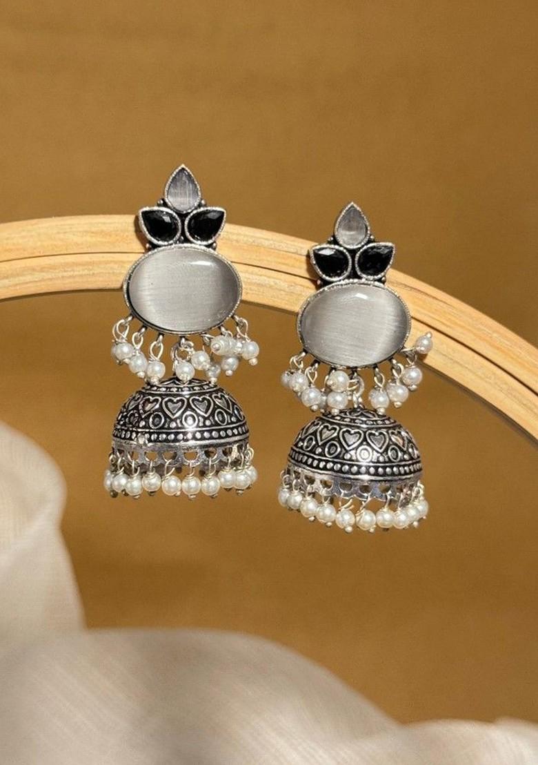 Silver Plated Artificial Stones And Beads Oxidised Contemporary Jhumkas