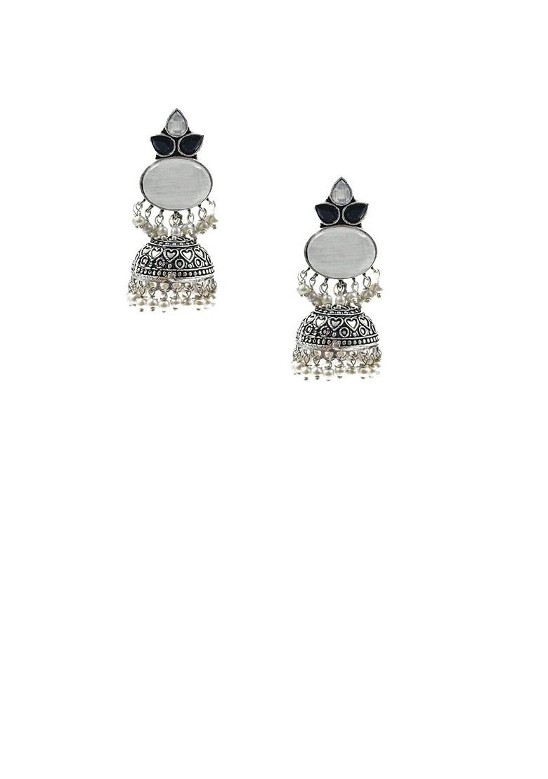 Silver Plated Artificial Stones And Beads Oxidised Contemporary Jhumkas