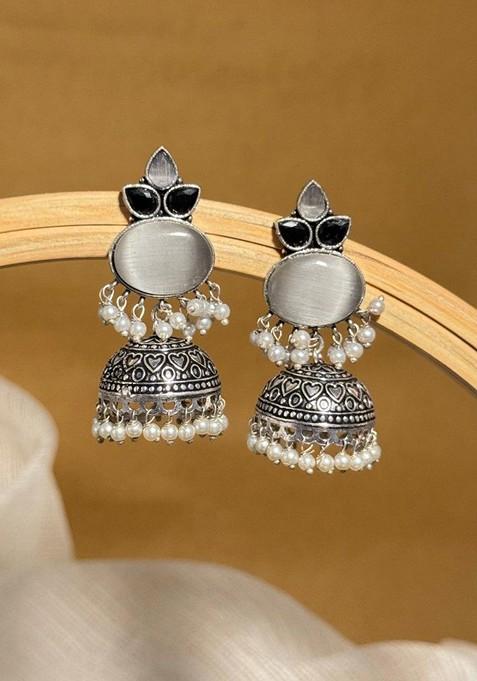 Silver Plated Artificial Stones And Beads Oxidised Contemporary Jhumkas