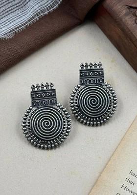 Silver Toned Plated Circular Oxidised Drop Earrings - Indya