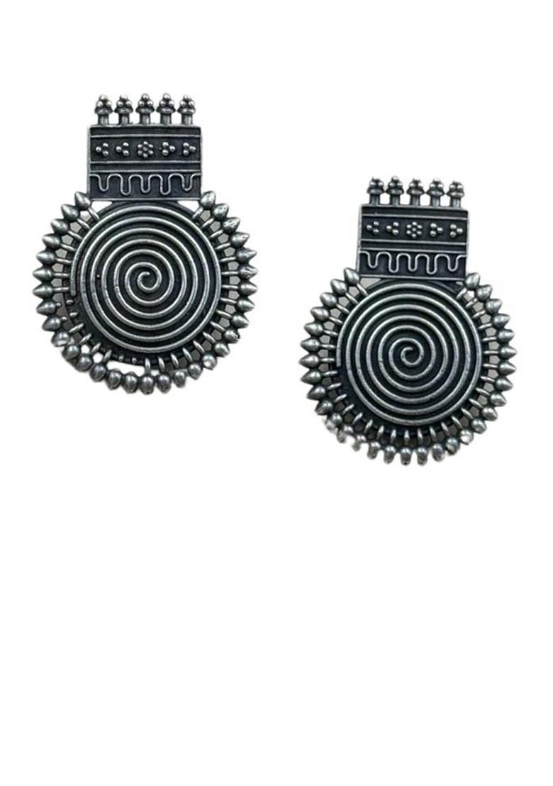 Silver Toned Plated Circular Oxidised Drop Earrings