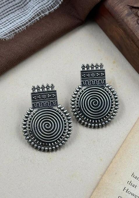 Silver Toned Plated Circular Oxidised Drop Earrings