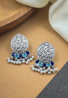 Silver Plated Stones Studded And Beaded Teardrop Shaped Oxidised Drop Earrings