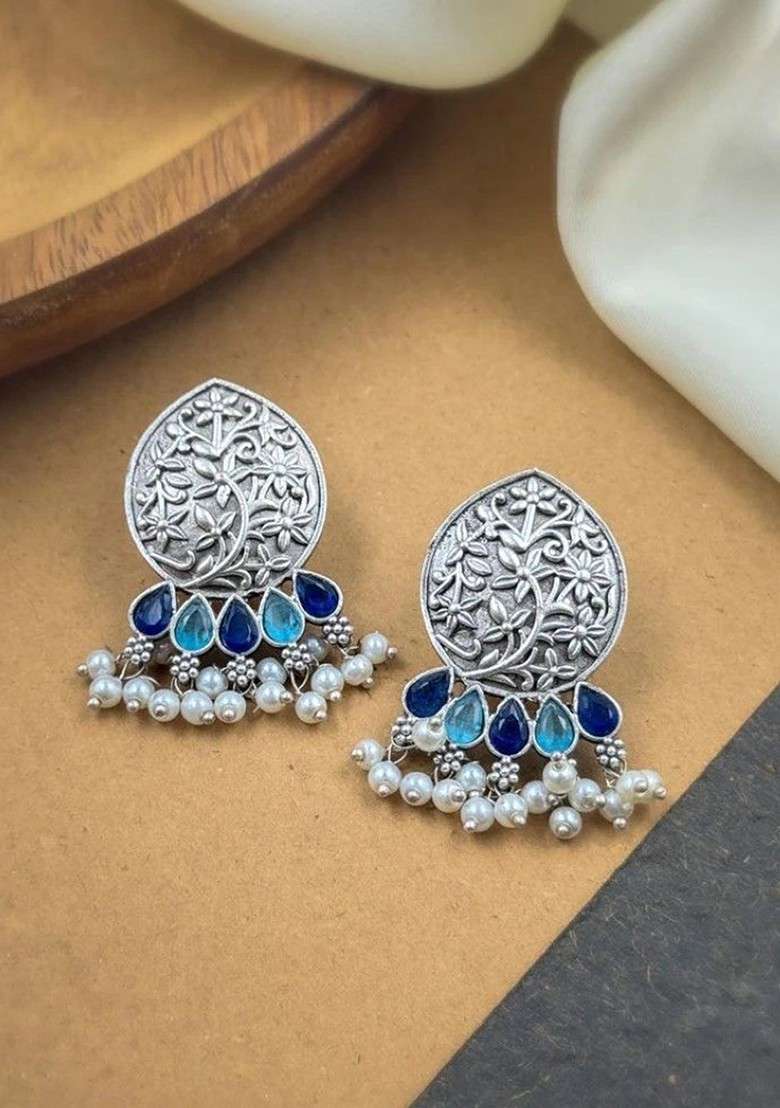 Silver Plated Stones Studded And Beaded Teardrop Shaped Oxidised Drop Earrings - Indya