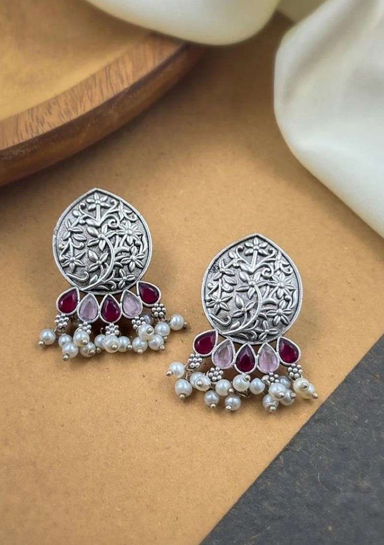 Silver Plated Stones Studded And Beaded Teardrop Shaped Oxidised Drop Earrings - Indya