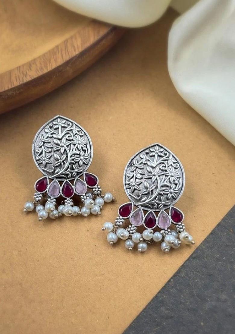 Silver Plated Stones Studded And Beaded Teardrop Shaped Oxidised Drop Earrings