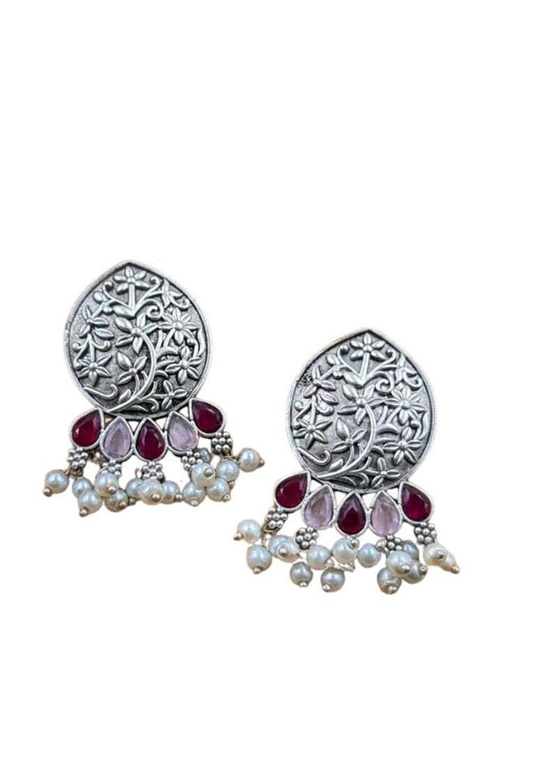 Silver Plated Stones Studded And Beaded Teardrop Shaped Oxidised Drop Earrings - Indya