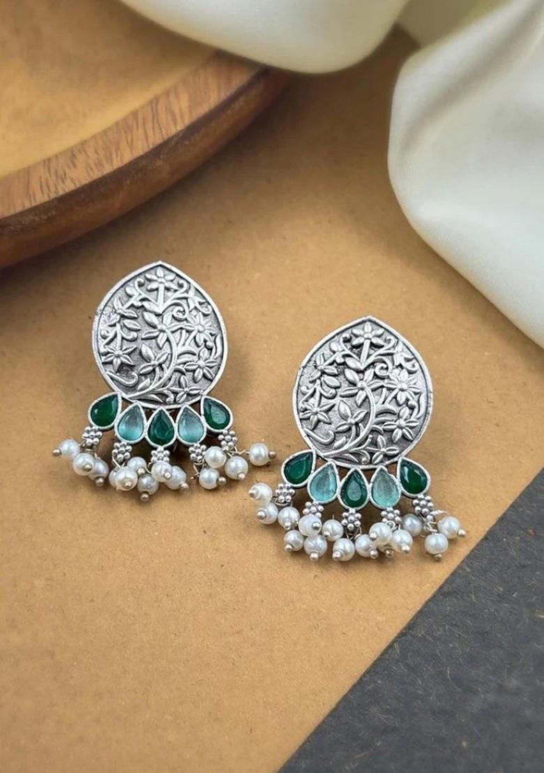 Silver Plated Stones Studded And Beaded Teardrop Shaped Oxidised Drop Earrings