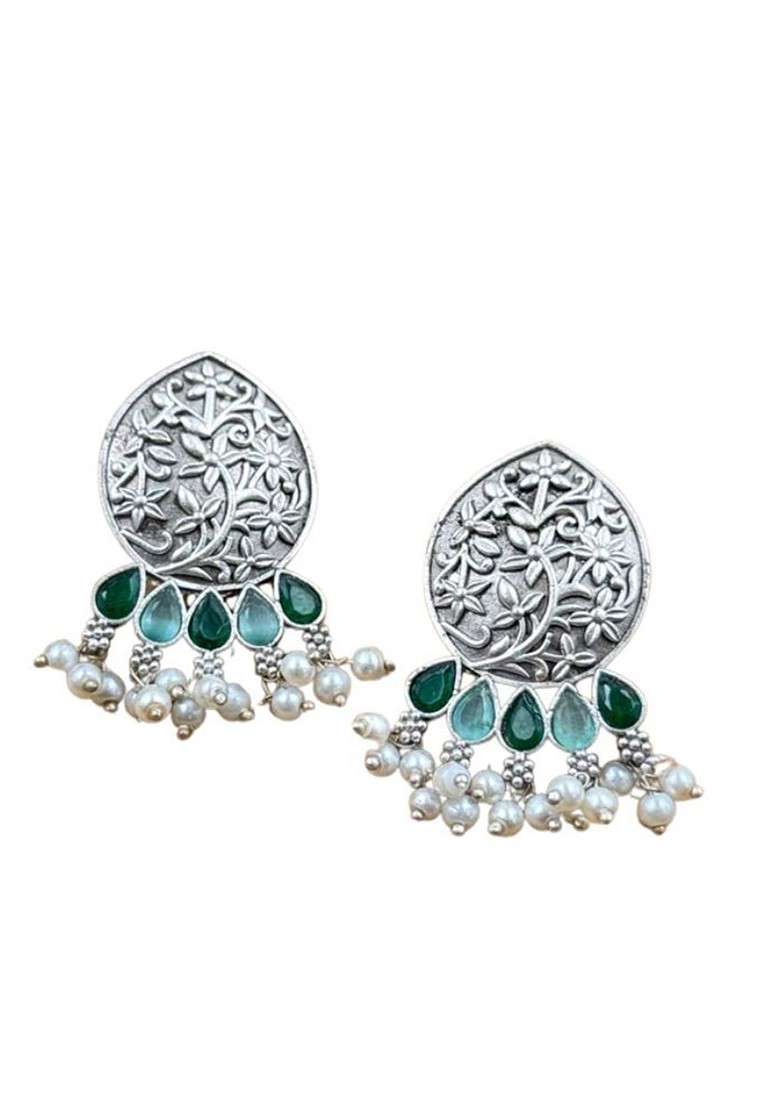Silver Plated Stones Studded And Beaded Teardrop Shaped Oxidised Drop Earrings - Indya