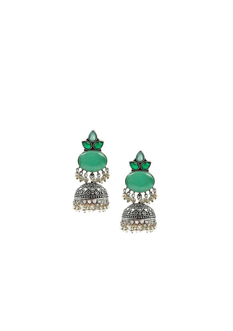 Silver Plated Artificial Stones And Beads Oxidised Contemporary Drop Earrings